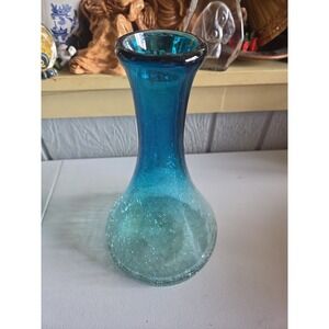 Vintage Hand Blown Crackle Art Glass Aqua Blue Rim Decanter Carafe Vase Mexico